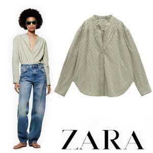 ZARA | Light Green | LACE TRIM DOTTED MESH BLOUSE